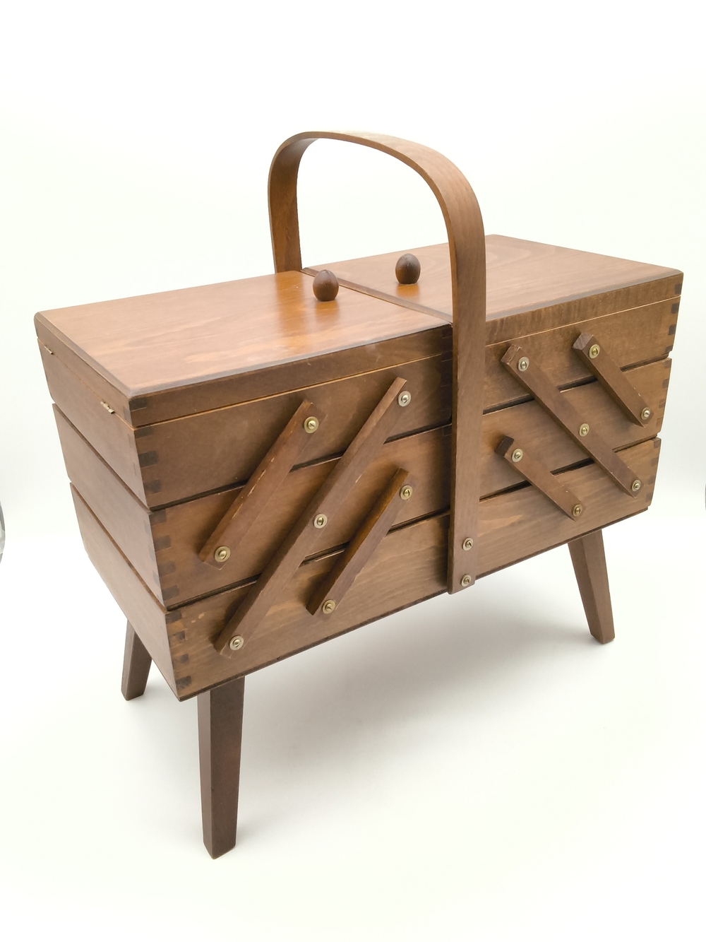 Vintage MCM 3-Tier Wooden Accordion Sewing Box on Legs